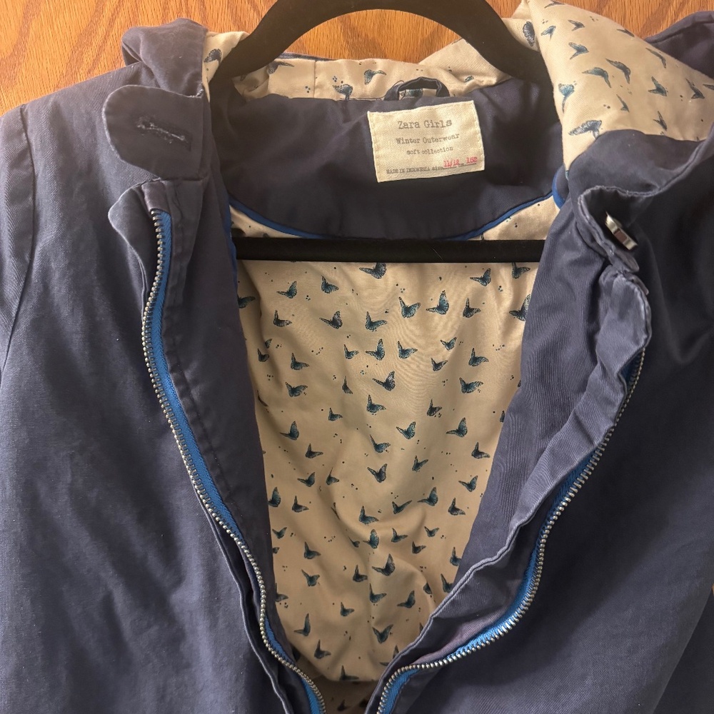 Zara Girls Navy Hooded Jacket | Butterfly Print Lining | 11/12